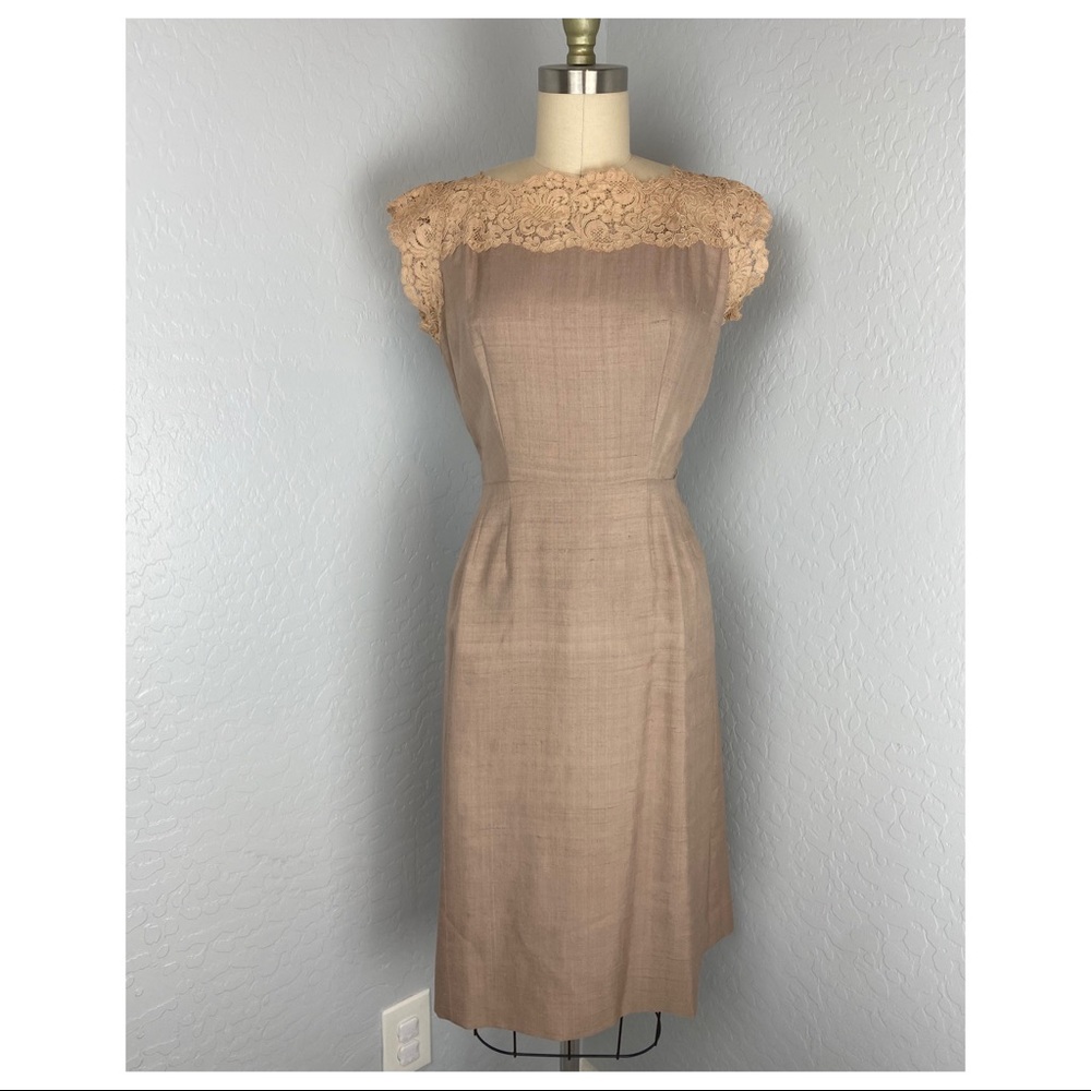 Vintage Light Brown Lace Embellished Sheath Dress